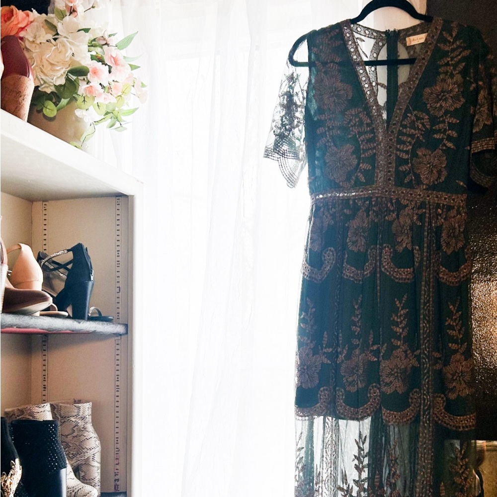 Boho appliqué Green and Gold Lace Dress